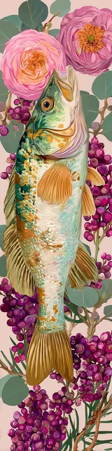 Free printable fish bookmark featuring grapes and fish with pink flowers